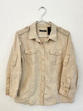 LIZ CLAIBORNE 100% Linen Button Down Top Tan Size Large Desert Neutral Safari